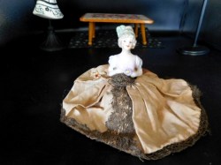 4" Antique Porcelain Half Doll Pin Cushion, 4884, Molded Hat, Cafe Silk Skirt, Base